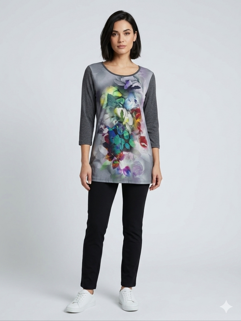 Simon Chang Floral Graphic Tunic Top 3/4 Sleeve Charcoal Size L Lagenlook Artsy